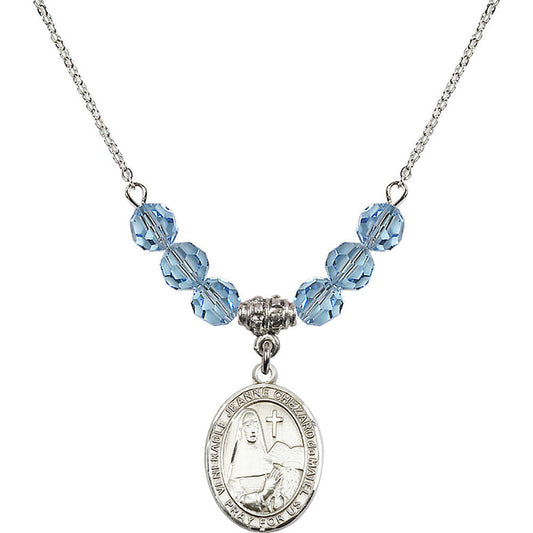 Sterling Silver Saint Jeanne Chezard de Matel Birthstone Necklace with Aqua Beads - 8401