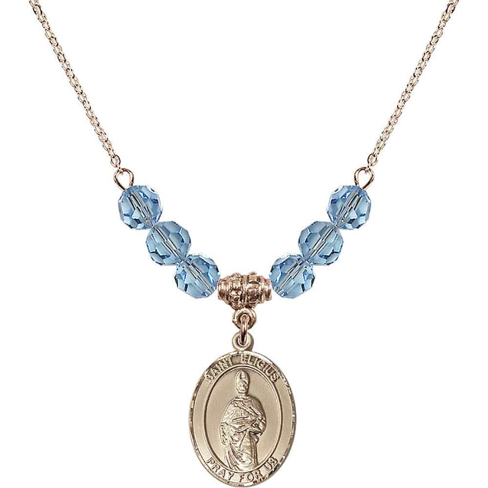 14kt Gold Filled Saint Eligius Birthstone Necklace with Aqua Beads - 8402