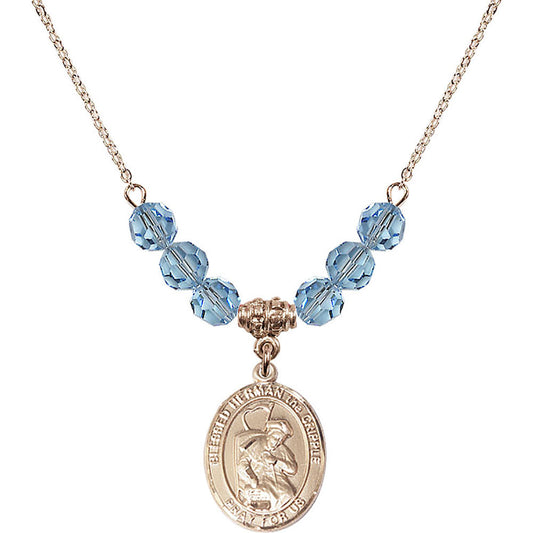 14kt Gold Filled Blessed Herman the Cripple Birthstone Necklace with Aqua Beads - 8403