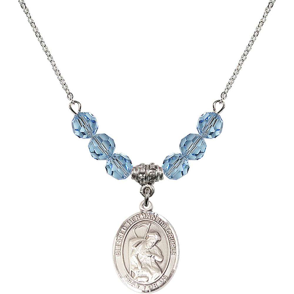 Sterling Silver Blessed Herman the Cripple Birthstone Necklace with Aqua Beads - 8403
