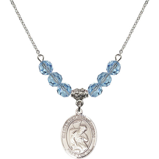 Sterling Silver Blessed Herman the Cripple Birthstone Necklace with Aqua Beads - 8403