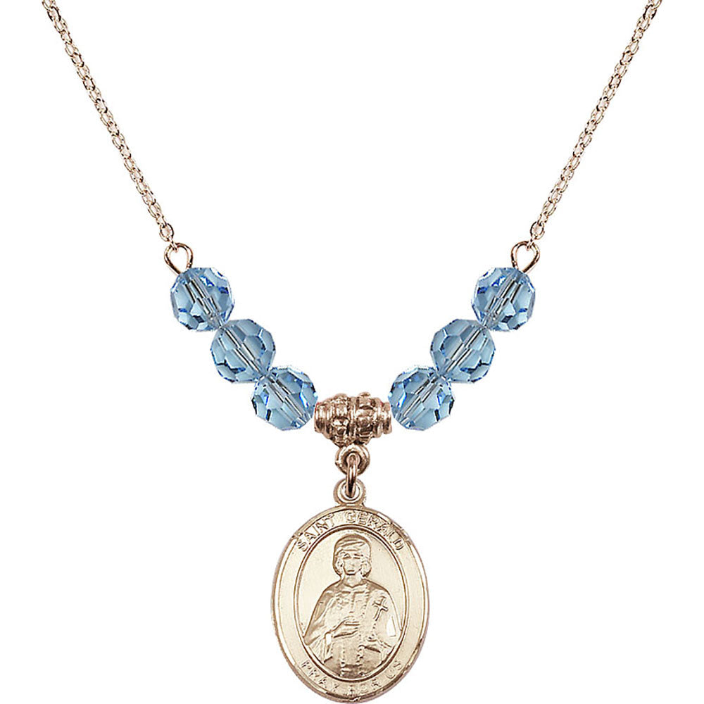 14kt Gold Filled Saint Gerald Birthstone Necklace with Aqua Beads - 8404