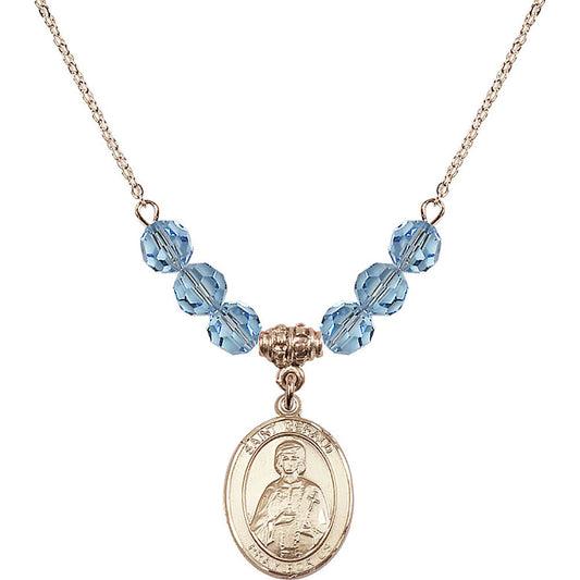 14kt Gold Filled Saint Gerald Birthstone Necklace with Aqua Beads - 8404