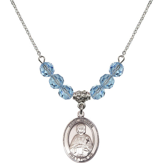 Sterling Silver Saint Gerald Birthstone Necklace with Aqua Beads - 8404