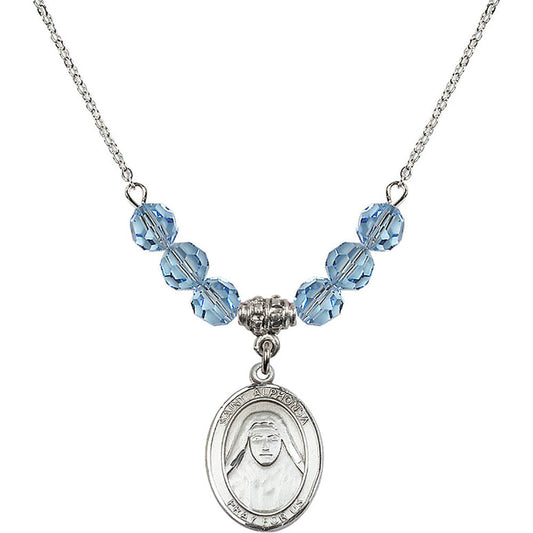 Sterling Silver Saint Alphonsa of India Birthstone Necklace with Aqua Beads - 8406