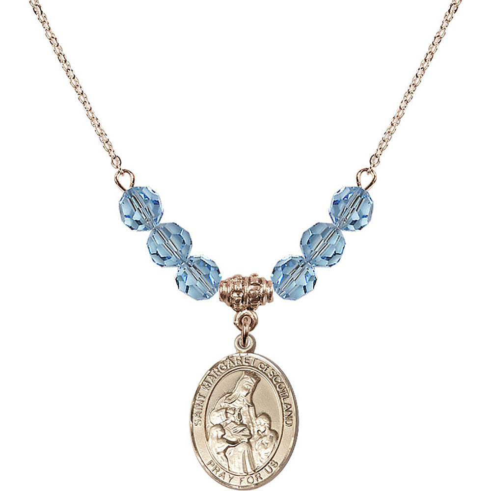 14kt Gold Filled Saint Margaret of Scotland Birthstone Necklace with Aqua Beads - 8407