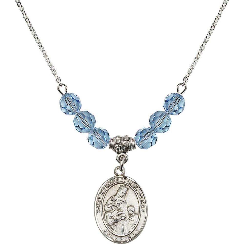 Sterling Silver Saint Margaret of Scotland Birthstone Necklace with Aqua Beads - 8407