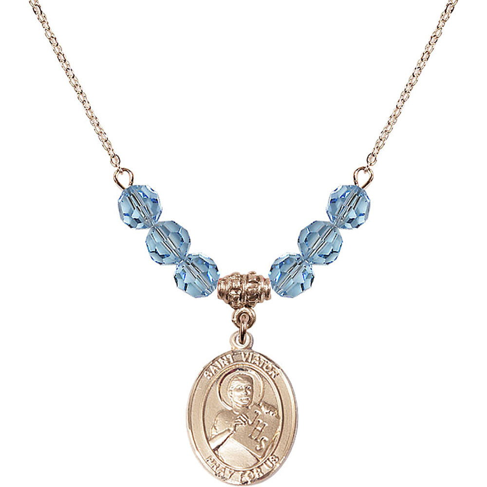 14kt Gold Filled Saint Viator of Bergamo Birthstone Necklace with Aqua Beads - 8408