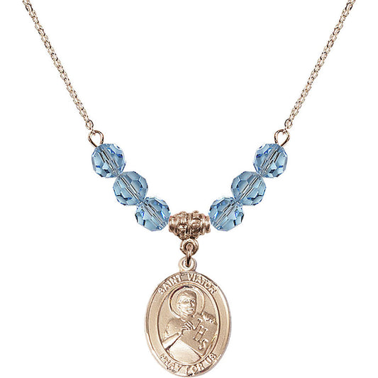 14kt Gold Filled Saint Viator of Bergamo Birthstone Necklace with Aqua Beads - 8408