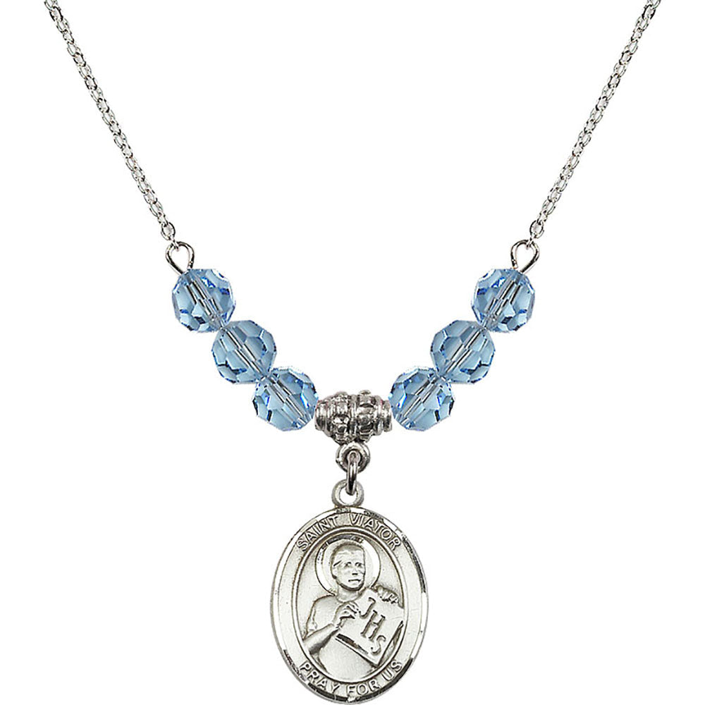 Sterling Silver Saint Viator of Bergamo Birthstone Necklace with Aqua Beads - 8408
