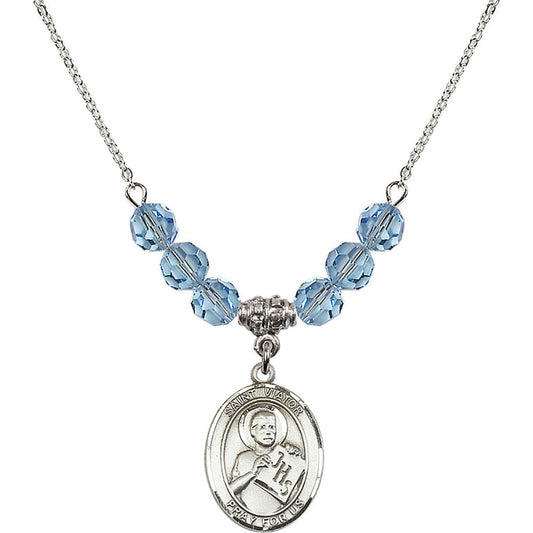 Sterling Silver Saint Viator of Bergamo Birthstone Necklace with Aqua Beads - 8408