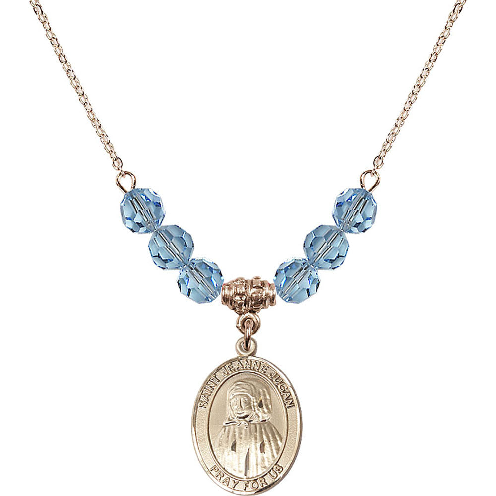 14kt Gold Filled Saint Jeanne Jugan Birthstone Necklace with Aqua Beads - 8409