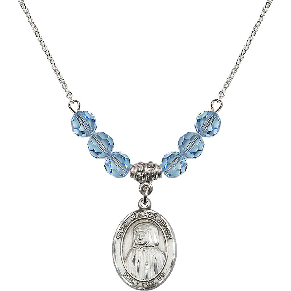 Sterling Silver Saint Jeanne Jugan Birthstone Necklace with Aqua Beads - 8409