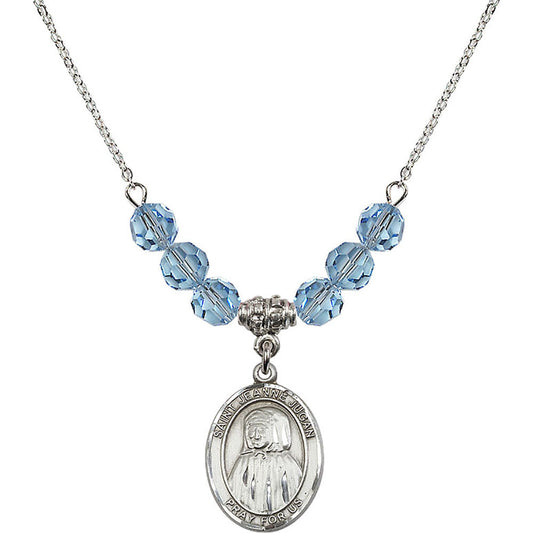 Sterling Silver Saint Jeanne Jugan Birthstone Necklace with Aqua Beads - 8409