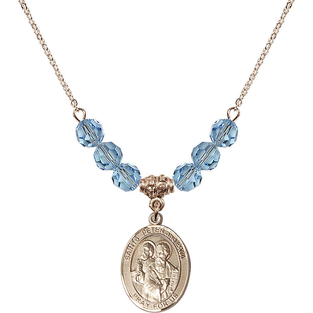 14kt Gold Filled Saints Peter & Paul Birthstone Necklace with Aqua Beads - 8410