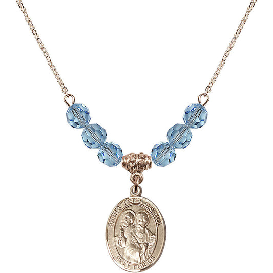 14kt Gold Filled Saints Peter & Paul Birthstone Necklace with Aqua Beads - 8410