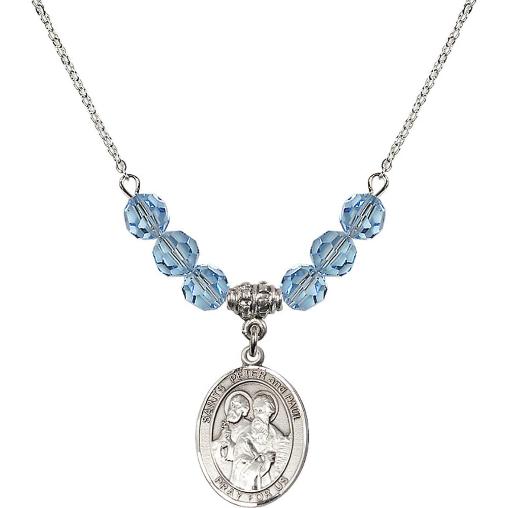 Sterling Silver Saints Peter & Paul Birthstone Necklace with Aqua Beads - 8410