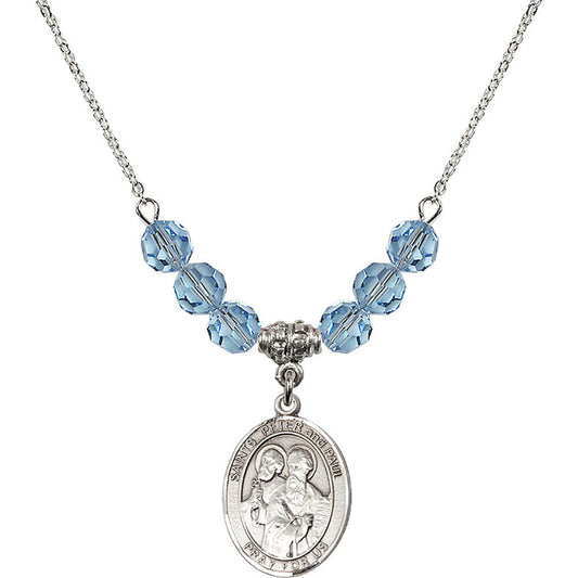 Sterling Silver Saints Peter & Paul Birthstone Necklace with Aqua Beads - 8410