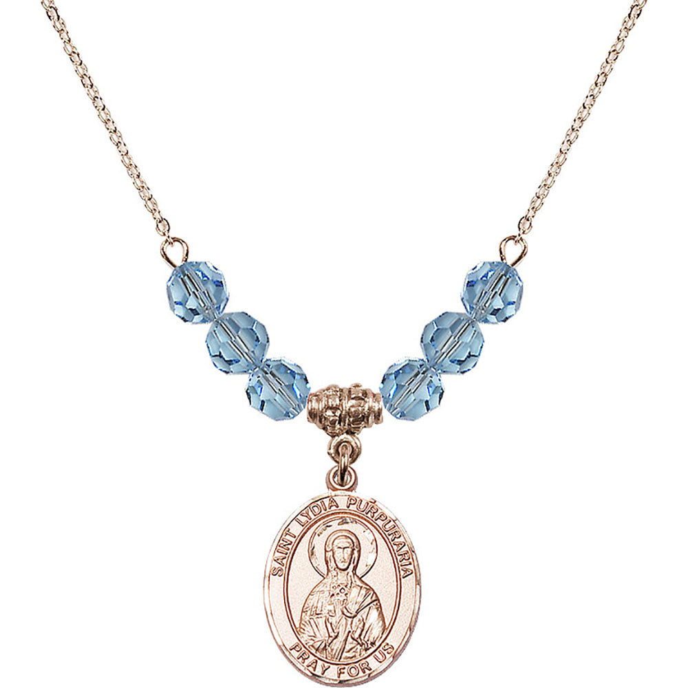 14kt Gold Filled Saint Lydia Purpuraria Birthstone Necklace with Aqua Beads - 8411