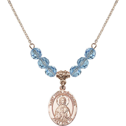 14kt Gold Filled Saint Lydia Purpuraria Birthstone Necklace with Aqua Beads - 8411