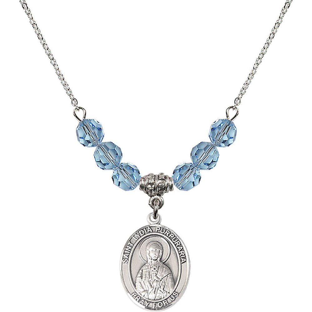 Sterling Silver Saint Lydia Purpuraria Birthstone Necklace with Aqua Beads - 8411