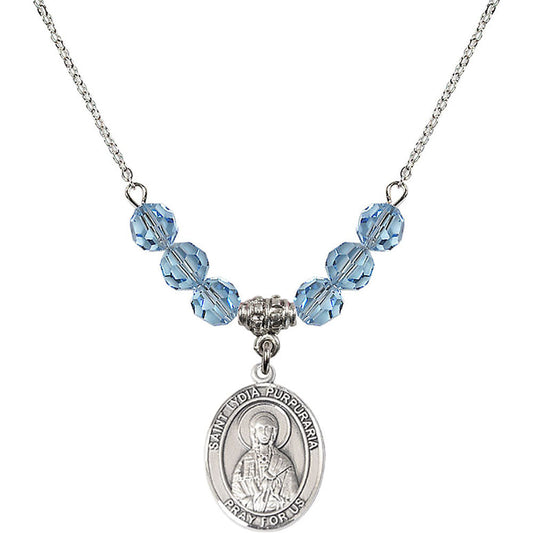 Sterling Silver Saint Lydia Purpuraria Birthstone Necklace with Aqua Beads - 8411