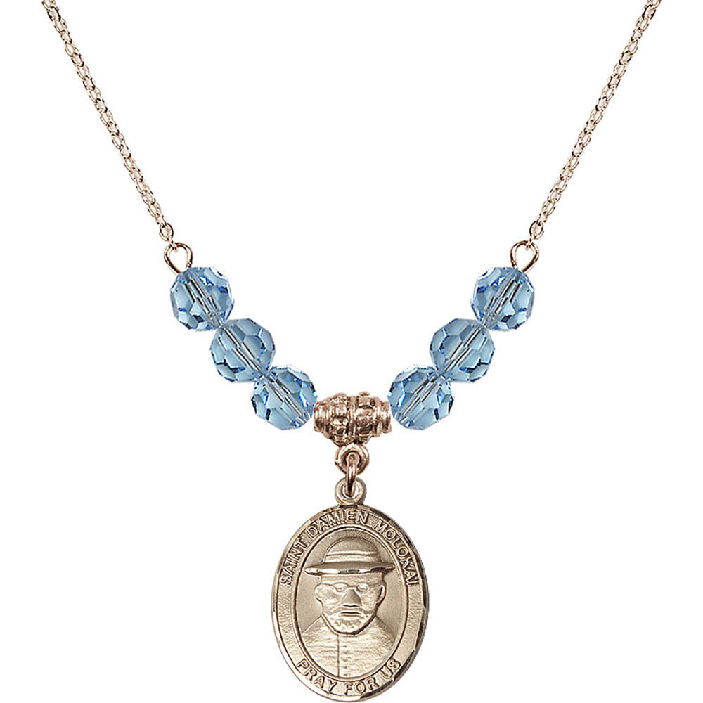 14kt Gold Filled Saint Damien of Molokai Birthstone Necklace with Aqua Beads - 8412