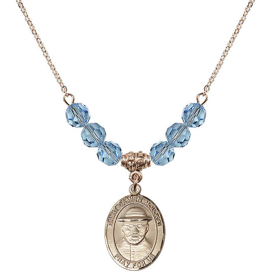 14kt Gold Filled Saint Damien of Molokai Birthstone Necklace with Aqua Beads - 8412