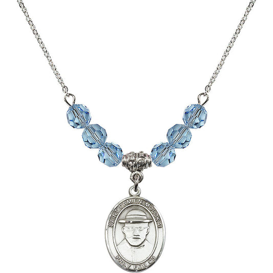 Sterling Silver Saint Damien of Molokai Birthstone Necklace with Aqua Beads - 8412