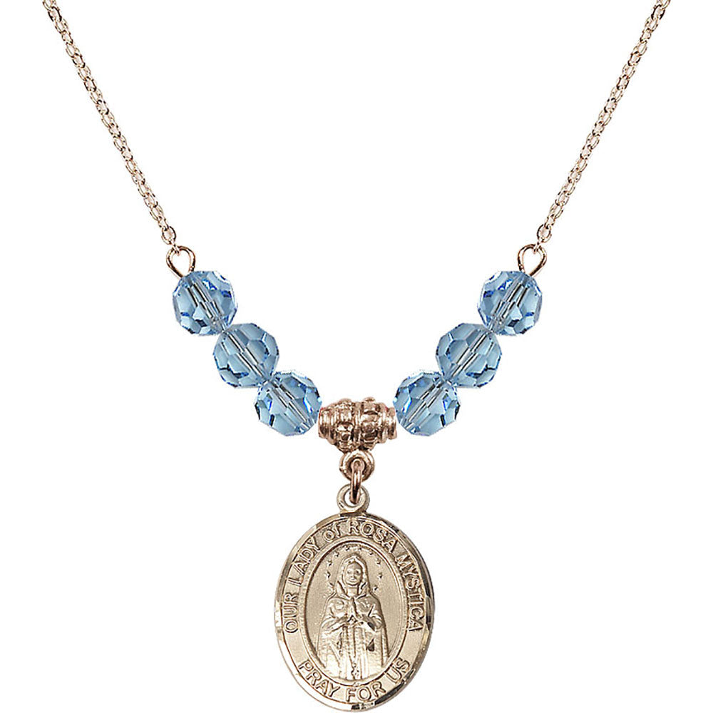 14kt Gold Filled Our Lady of Rosa Mystica Birthstone Necklace with Aqua Beads - 8413