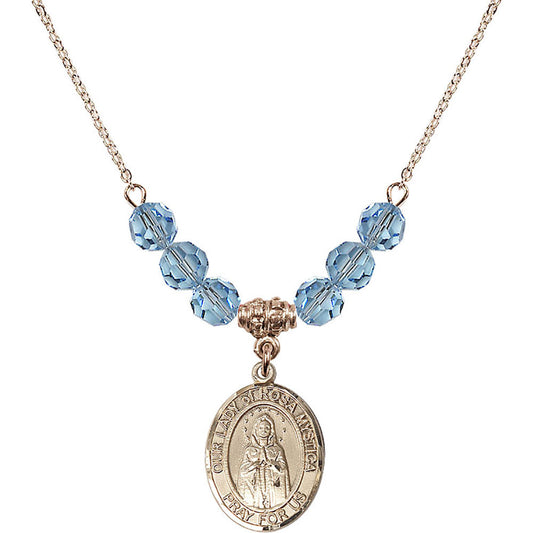 14kt Gold Filled Our Lady of Rosa Mystica Birthstone Necklace with Aqua Beads - 8413