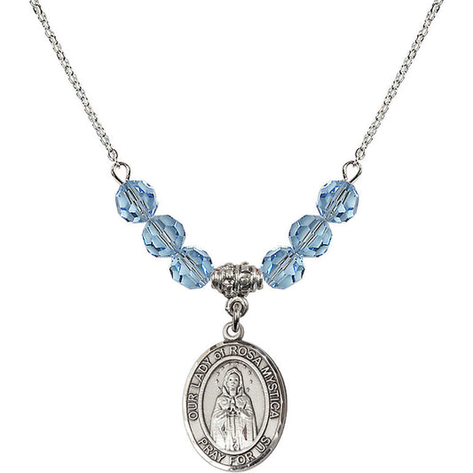 Sterling Silver Our Lady of Rosa Mystica Birthstone Necklace with Aqua Beads - 8413