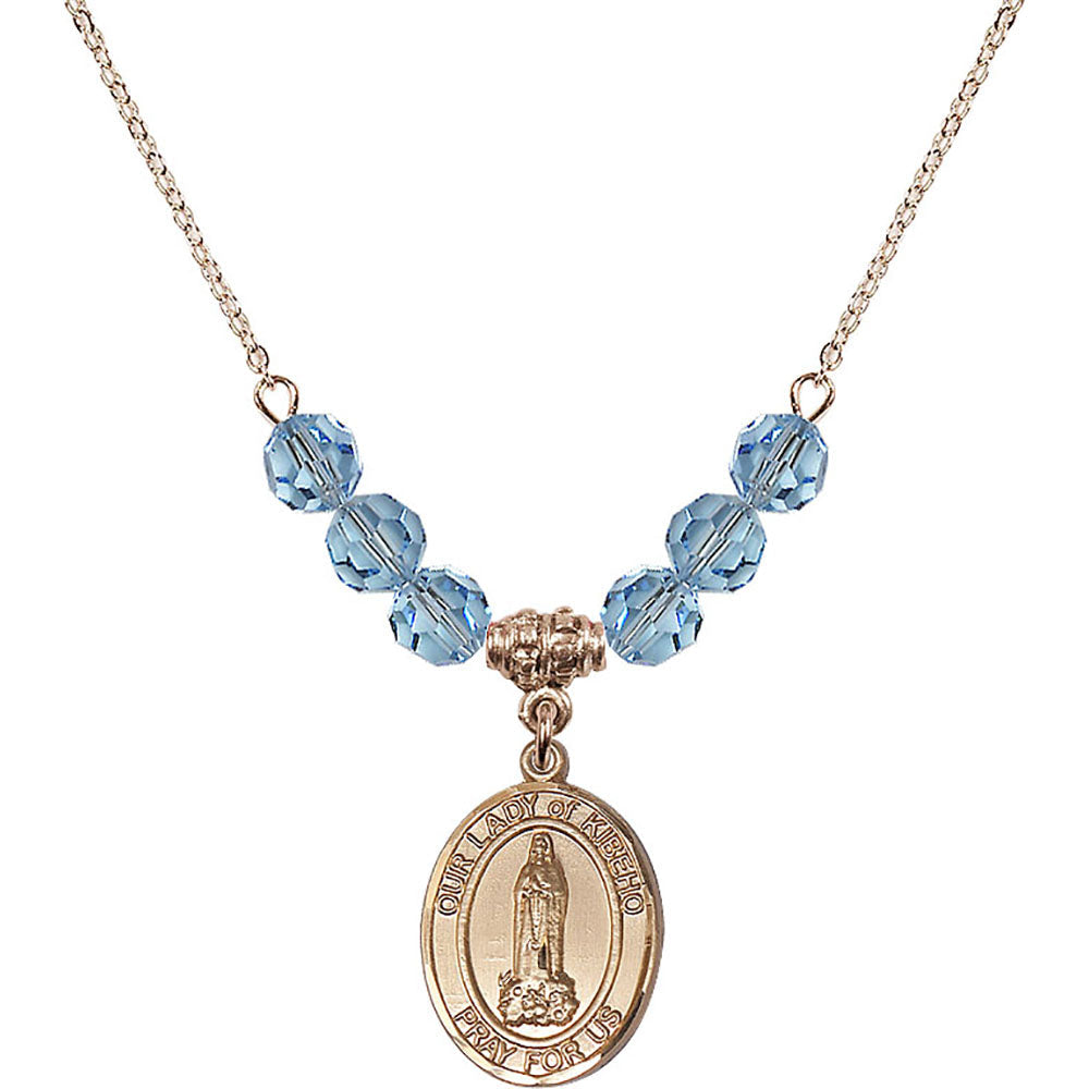 14kt Gold Filled Our Lady of Kibeho Birthstone Necklace with Aqua Beads - 8414