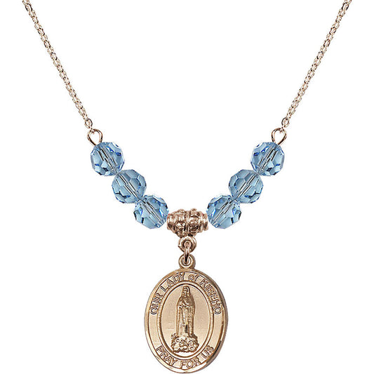 14kt Gold Filled Our Lady of Kibeho Birthstone Necklace with Aqua Beads - 8414