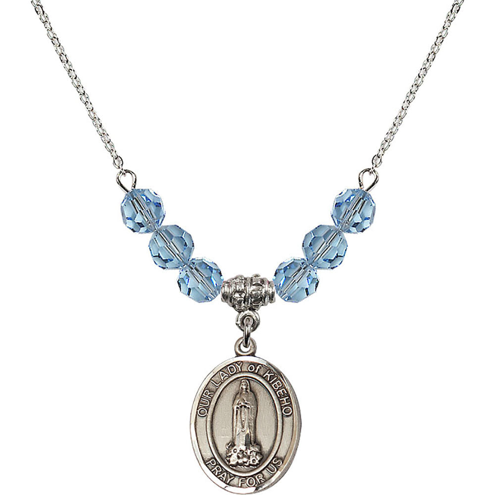 Sterling Silver Our Lady of Kibeho Birthstone Necklace with Aqua Beads - 8414