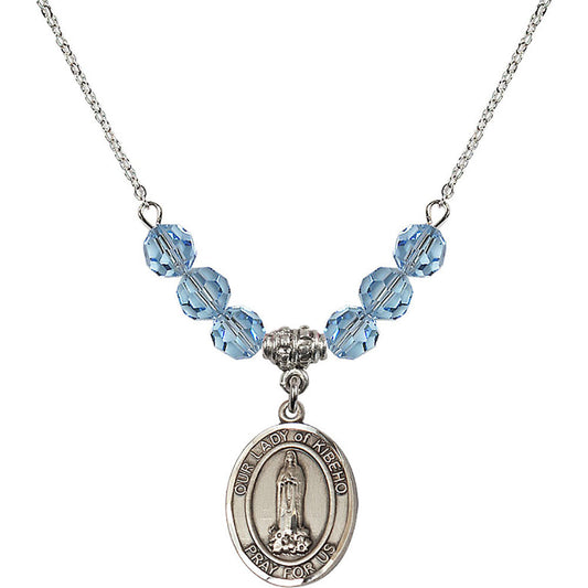 Sterling Silver Our Lady of Kibeho Birthstone Necklace with Aqua Beads - 8414