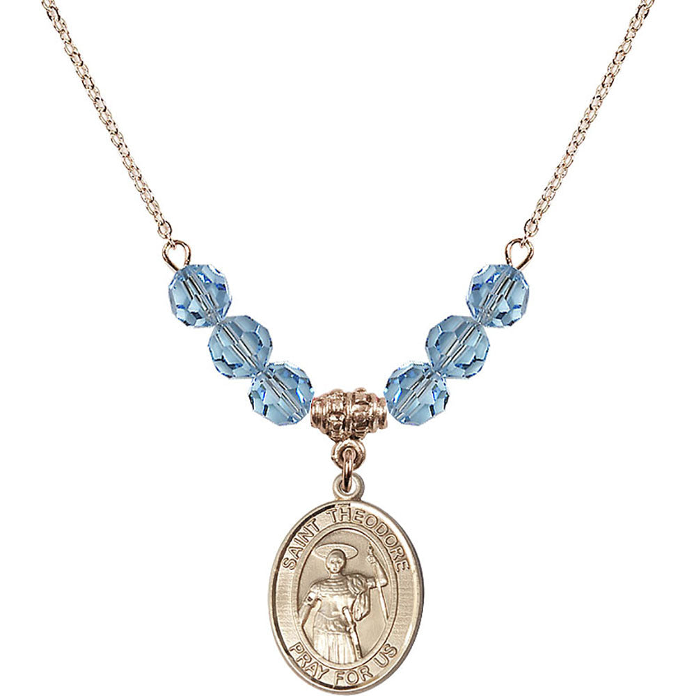 14kt Gold Filled Saint Theodore Stratelates Birthstone Necklace with Aqua Beads - 8415