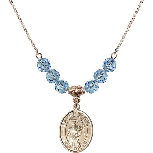 14kt Gold Filled Saint Theodore Stratelates Birthstone Necklace with Aqua Beads - 8415