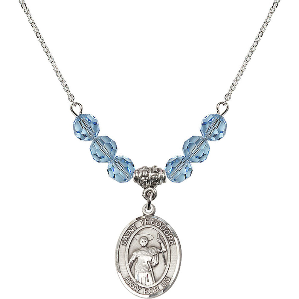 Sterling Silver Saint Theodore Stratelates Birthstone Necklace with Aqua Beads - 8415