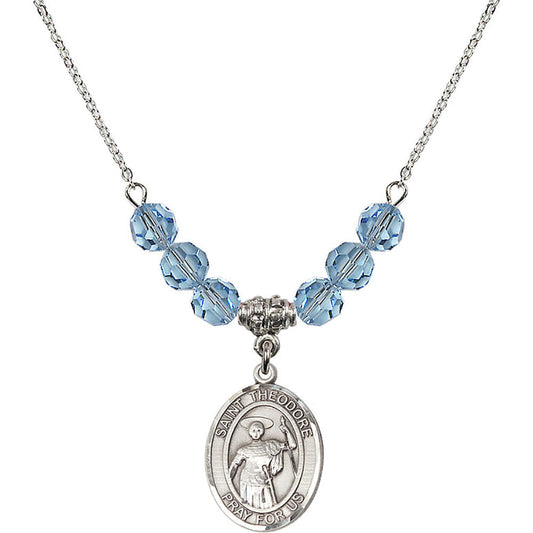Sterling Silver Saint Theodore Stratelates Birthstone Necklace with Aqua Beads - 8415