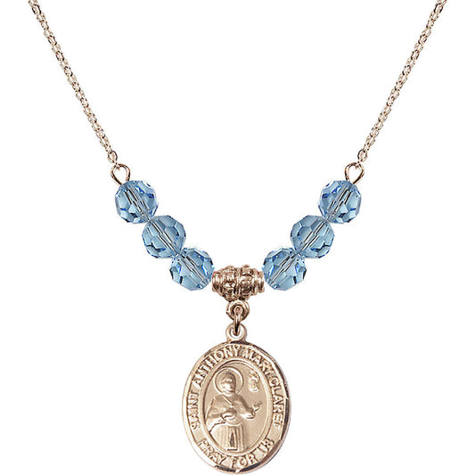 14kt Gold Filled Saint Anthony Mary Claret Birthstone Necklace with Aqua Beads - 8416