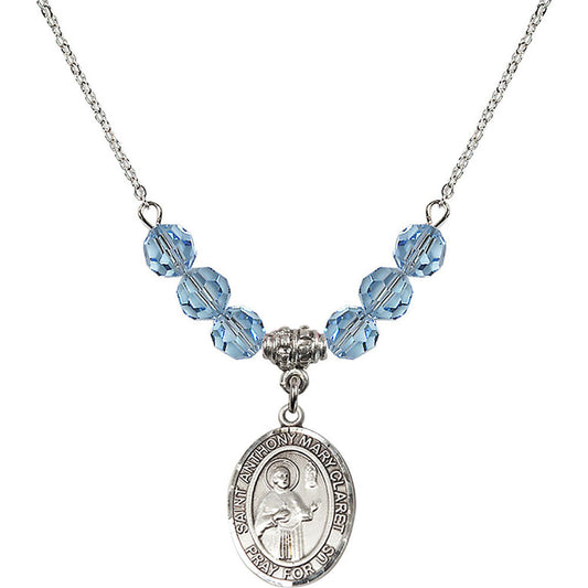 Sterling Silver Saint Anthony Mary Claret Birthstone Necklace with Aqua Beads - 8416