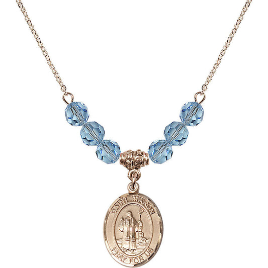 14kt Gold Filled Saint Maron Birthstone Necklace with Aqua Beads - 8417