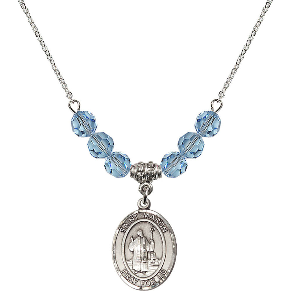 Sterling Silver Saint Maron Birthstone Necklace with Aqua Beads - 8417