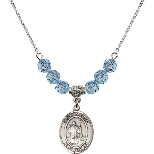 Sterling Silver Saint Maron Birthstone Necklace with Aqua Beads - 8417