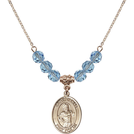 14kt Gold Filled Saint Dismas Birthstone Necklace with Aqua Beads - 8418
