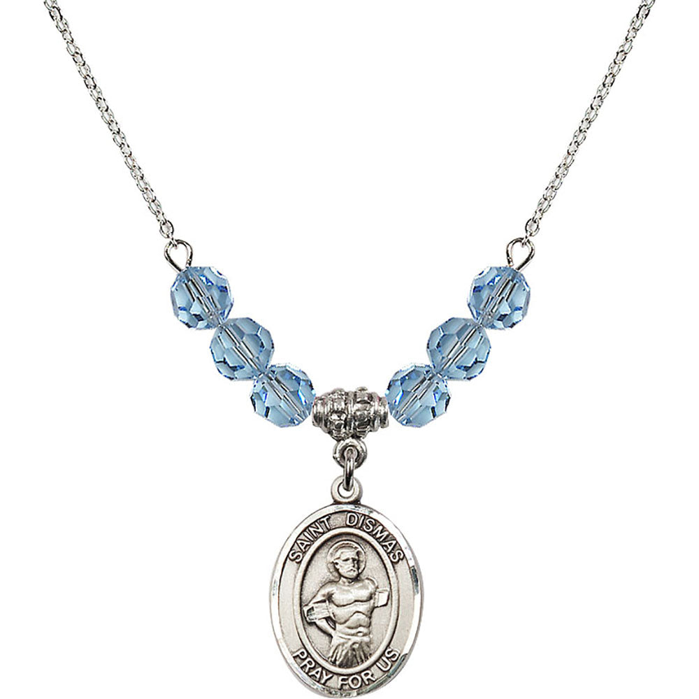 Sterling Silver Saint Dismas Birthstone Necklace with Aqua Beads - 8418