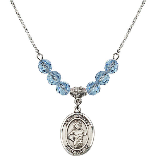 Sterling Silver Saint Dismas Birthstone Necklace with Aqua Beads - 8418