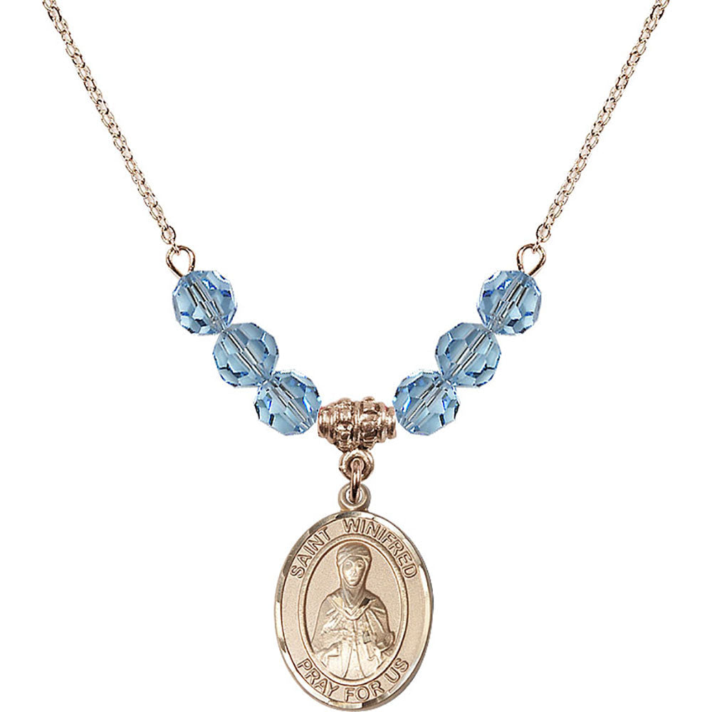 14kt Gold Filled Saint Winifred of Wales Birthstone Necklace with Aqua Beads - 8419