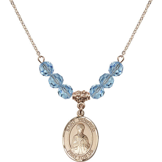 14kt Gold Filled Saint Winifred of Wales Birthstone Necklace with Aqua Beads - 8419